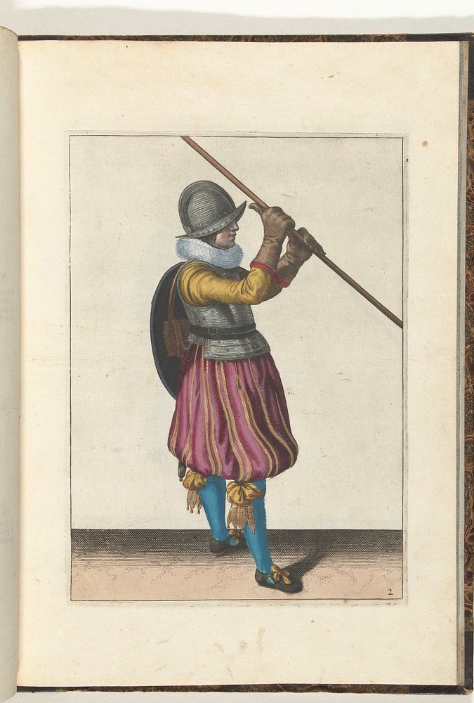 De exercitie met schild en spies: de soldaat met de spies schuin in beide handen en het schild op de rug (nr. 2), 1618 (1616…