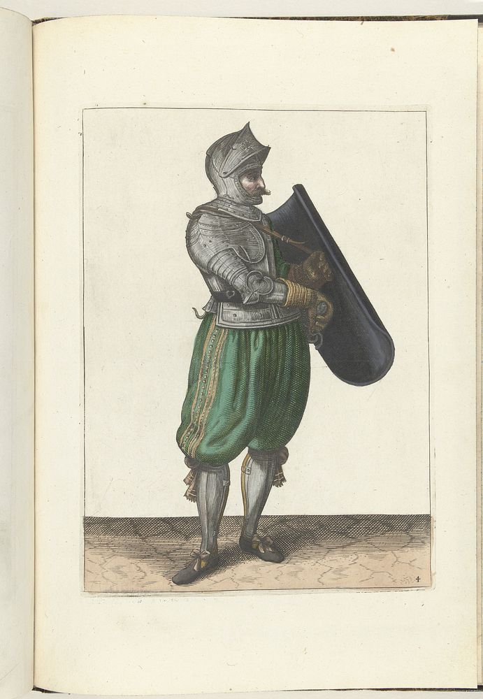 De exercitie met de targe en rapier: de soldaat houdt de targe iets naar voren om de rapier te kunnen trekken (nr. 4), 1618…