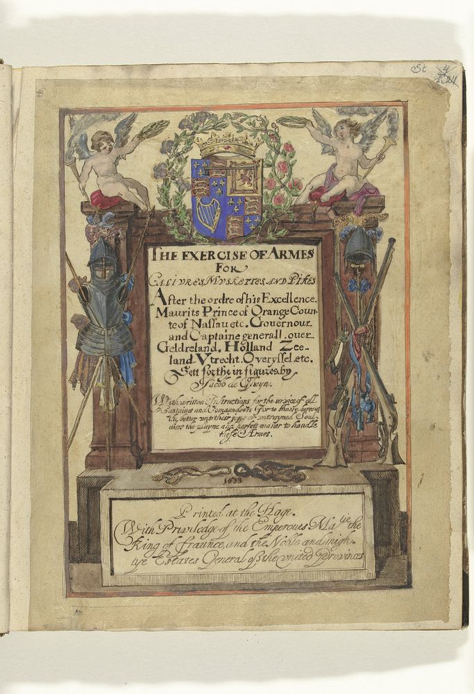 Getekende titelpagina voor een Engelse editie van Jacob de Gheyns Wapenhandelinghe van Roers Musquetten ende spiessen, 1608…