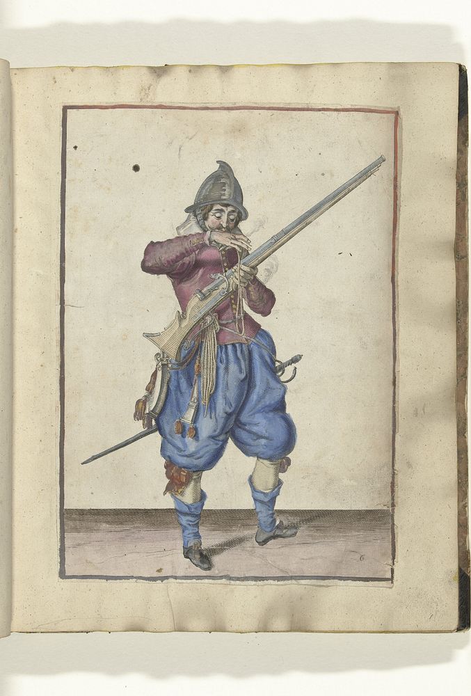 Soldaat met een roer die zijn lont naar zijn mond brengt om hem schoon te blazen (nr. 6), ca. 1600 (1597 - 1608) by Jacques…