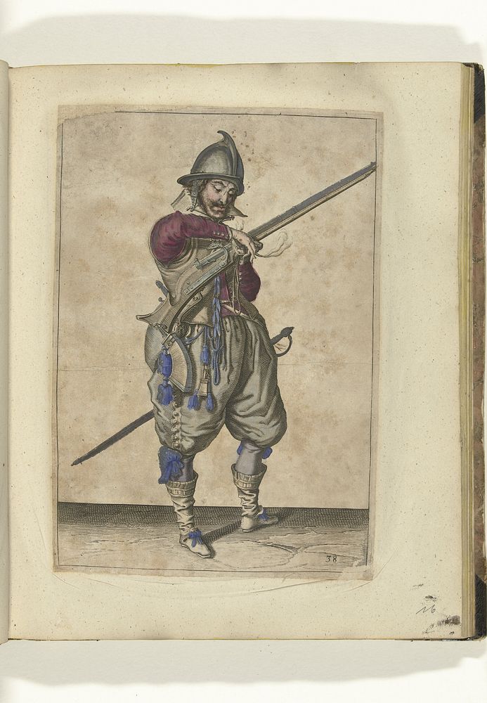 Soldaat op wacht met een roer die zijn lont pakt (nr. 38), ca. 1600 (1597 - 1608) by Jacques de Gheyn II, Robert de Baudous…