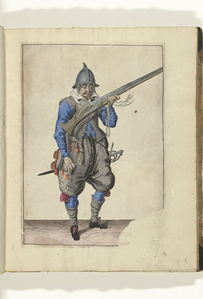 Soldaat die vonken wegblaast van de pan van zijn roer (nr. 15), ca. 1600 (1597 - 1608) by Jacques de Gheyn II, Robert de…