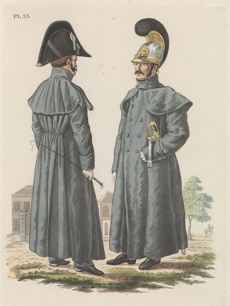 Officier der Kurassiers, in kleine tenue met den manteljas, en Kurassier in tenue met den manteljas (1826) by Dirk Sluyter…