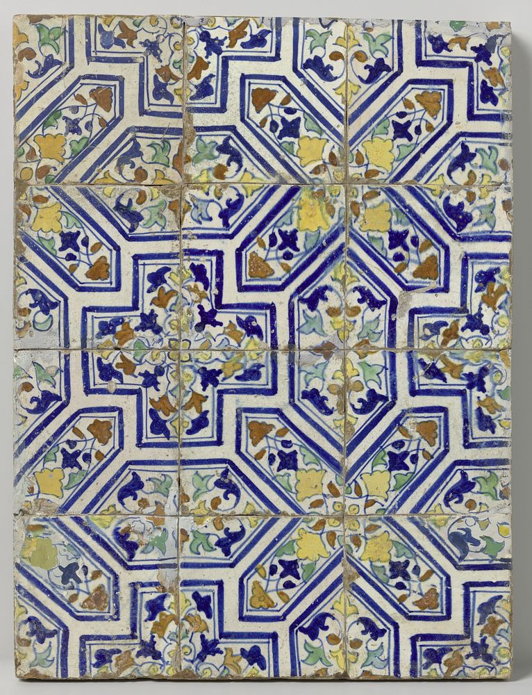 Veld van twaalf tegels met bladpatroon (c. 1610 - c. 1625) by anonymous