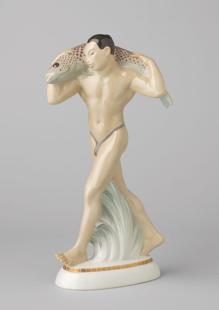 Figure in the shape of a Japanese man with a fish (1911) by Königliche Porzellan Manufaktur and Adolf Amberg