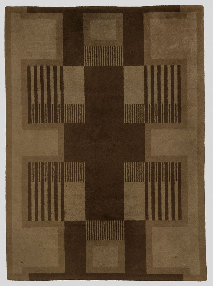 Vloerkleed van wol in bruin en twee tinten beige, met een patroon van geometrische strepen en een kruis in het midden. (c.…
