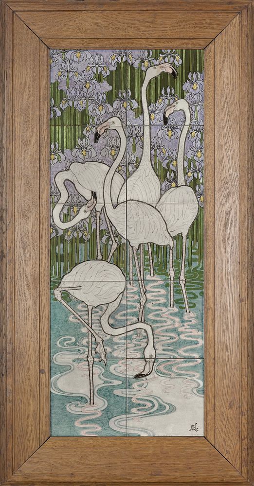 Tegeltableau, beschilderd met flamingo's in een waterlandschap met irissen (c. 1900) by Bert Nienhuis I, Tegelbakkerij Lotus…
