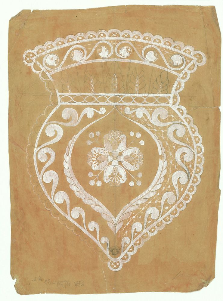 Kantontwerp met een motief van een tas in witte inkt op oranje papier. (c. 1920 - c. 1935) by J H Pleging Faber and A Pleging
