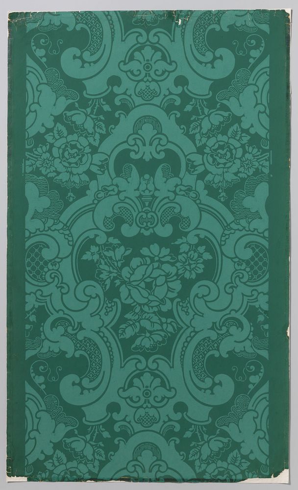 Papierbehangsel met patroon van rozen en voluten (c. 1918 - c. 1920) by Société anonyme des anciens Etablissements Desfossé…