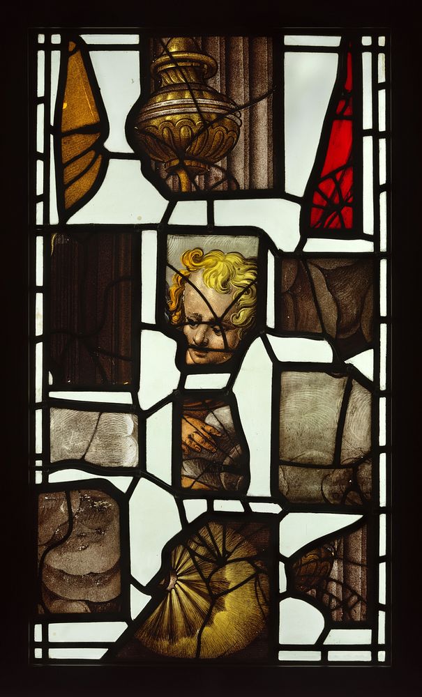 Ruit met 16e en 17e-eeuwse glasscherven afkomstig uit het raam van het Sterfbed van Maria in de Oude Kerk te Amsterdam (1898…