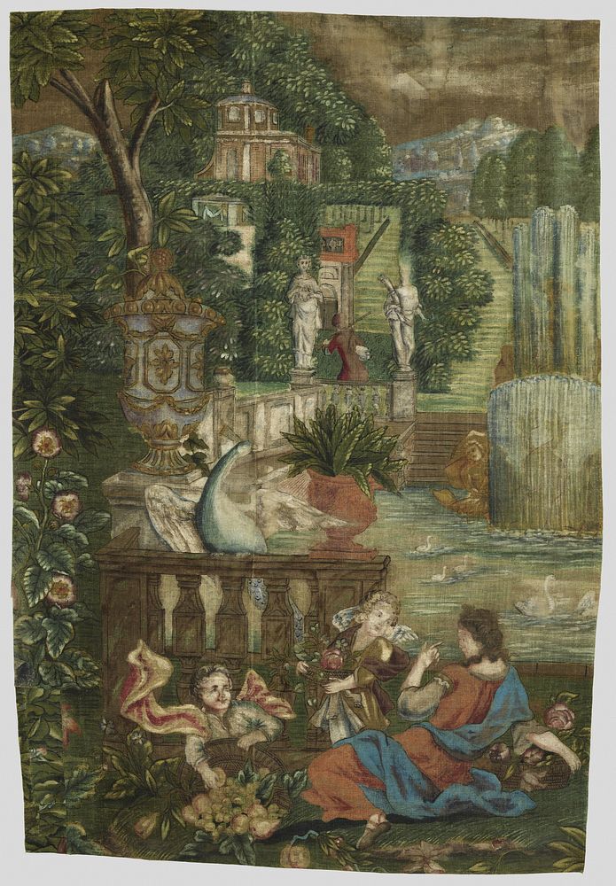 Wandbespanning van grove jute met voorstelling van figuren in tuin met vijver. (1785 - 1800) by anonymous and anonymous