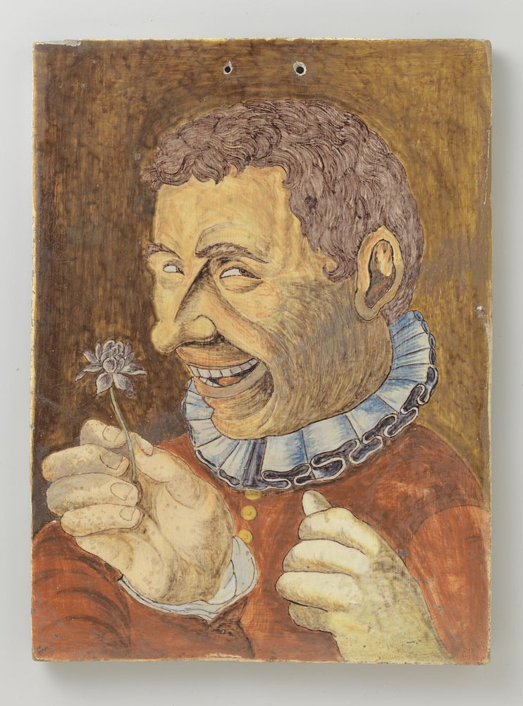 plaat van faïence met man met bloem (c. 1750 - c. 1780) by anonymous and Hendrick Goltzius
