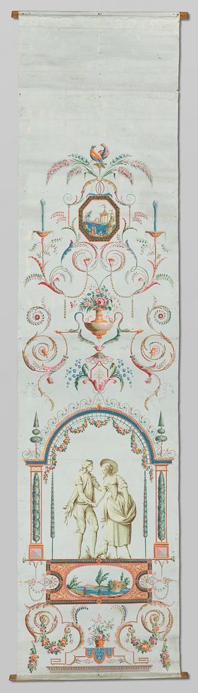 Behangselpapier op linnen, met priëel, figuren, medaillons en arabesken (1750 - 1800) by anonymous