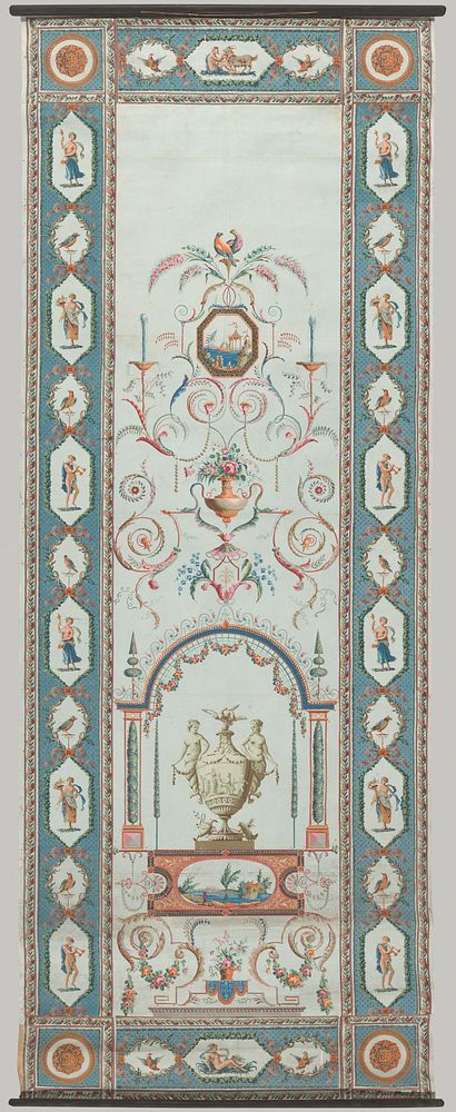 Rol behangselpapier, geplakt op linnen, dat arabesken, een prieel, medaillon en vaas in bordure vertoont (1750 - 1800) by…