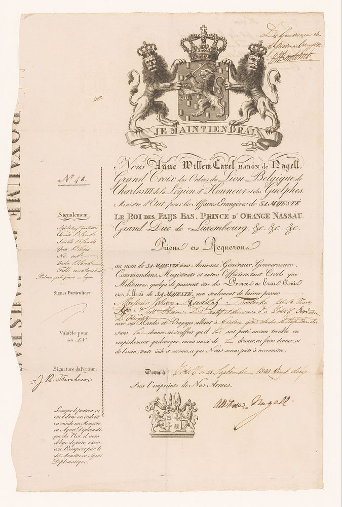 Paspoort van het Koninkrijk der Nederlanden, 1822 (1822) by Ministerie van Buitenlandse Zaken