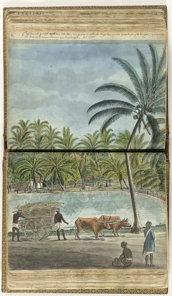 Ceylons gezicht met een ossenkar, een gehurkte singalees en een zwarte gerechtsdienaar (1785) by Jan Brandes