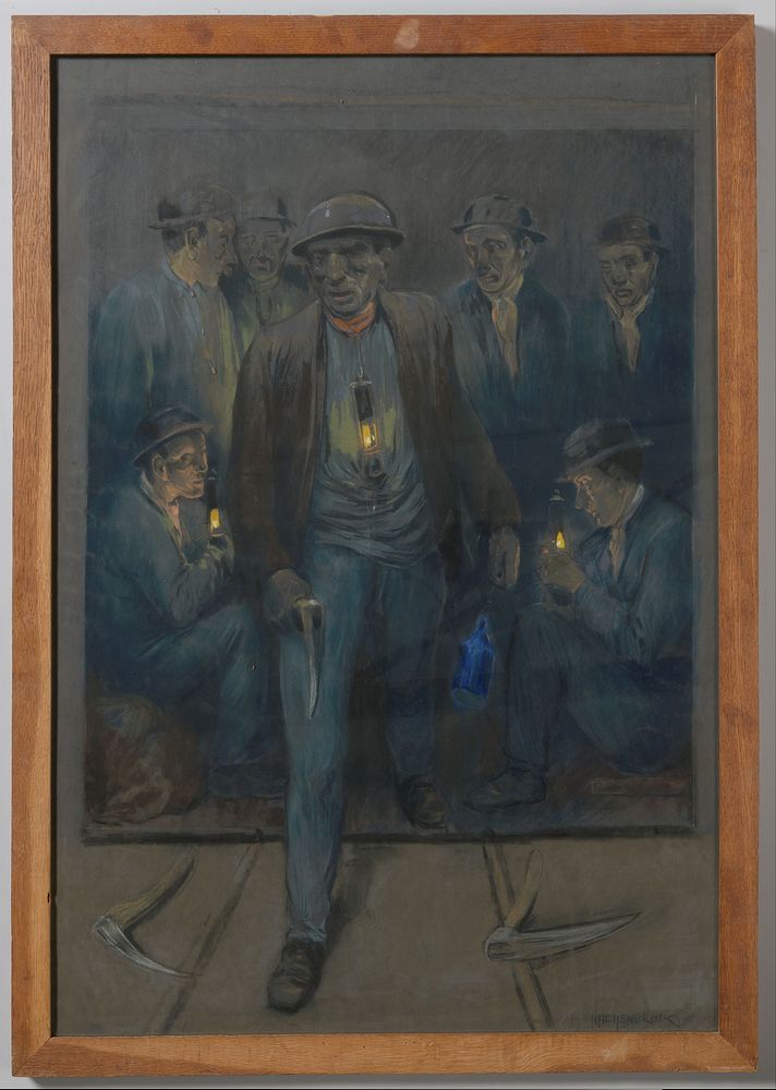 Mijnwerkers verlaten een schachtkooi (1900 - 1948) by Herman Heijenbrock