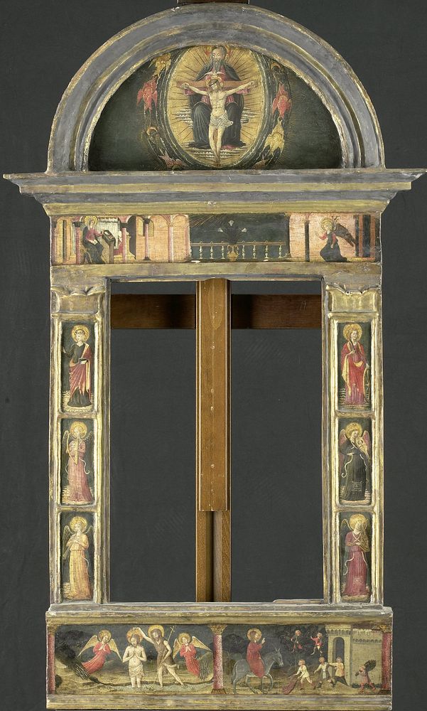 Frame depicting the Annunciation, Baptism of Christ, Entry into Jerusalem, Saints Cecilia and Catherine of Alexandria…
