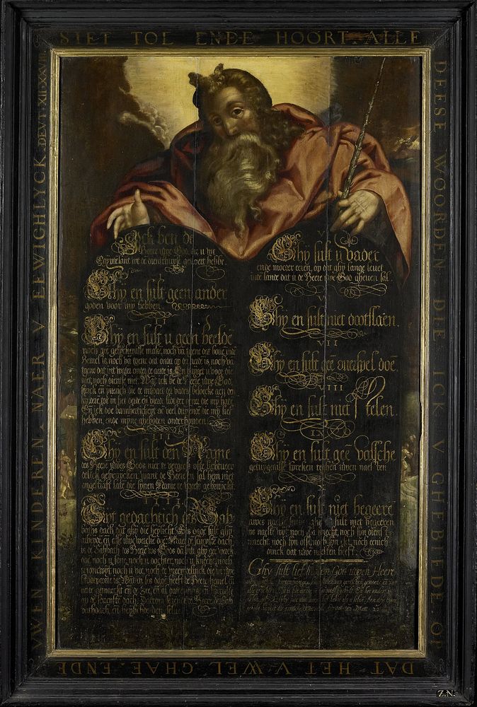 Moses showing the Tables of the Law with the Ten Commandments in Calligraphy (c. 1600) by anonymous