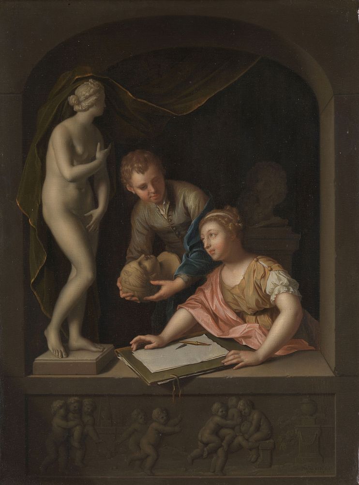A Girl Drawing and a Boy near a Statue of Venus (1715) by Pieter van der Werff