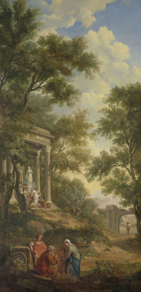 Arcadisch landschap met links een tempel en op de voorgrond een zittende oude man (1771) by Jurriaan Andriessen