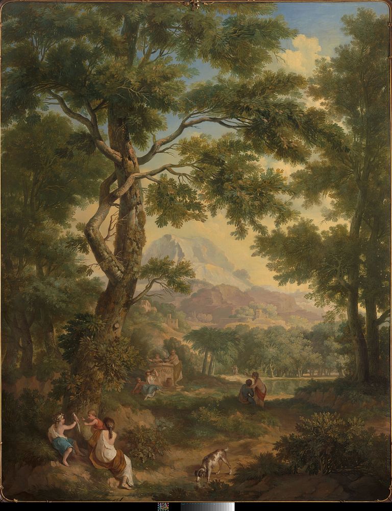 Arcadisch landschap met linksvoor kinderen met een vogel en een hond (1771) by Jurriaan Andriessen