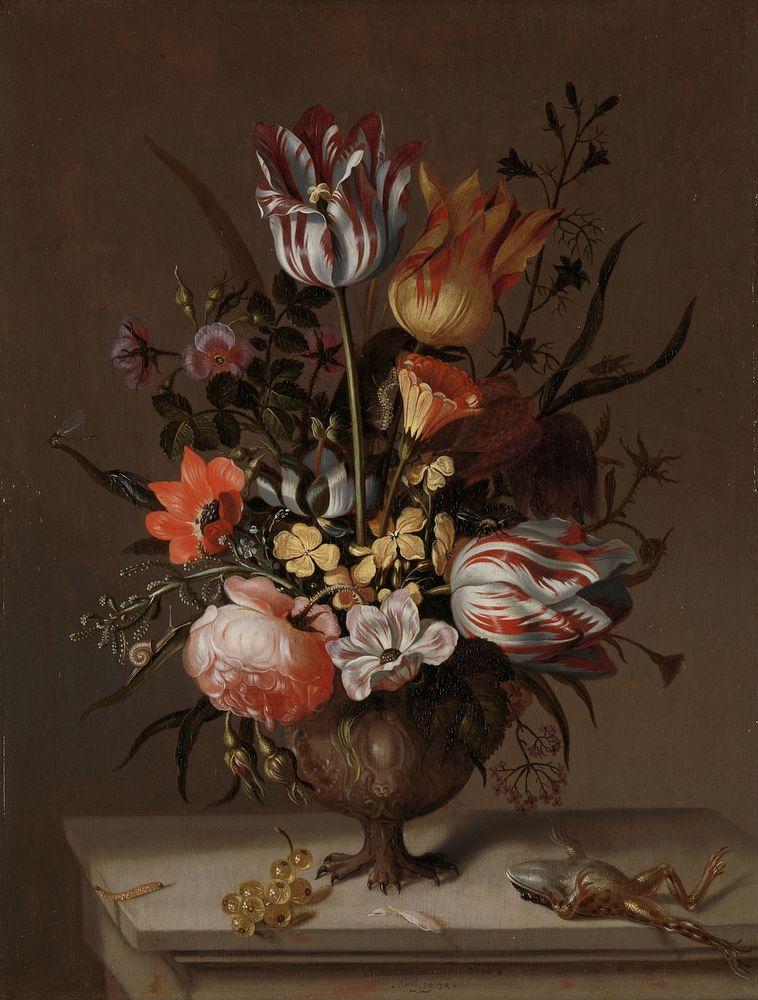 Still Life with a Vase of Flowers and a Dead Frog (1634) by Jacob Marrel