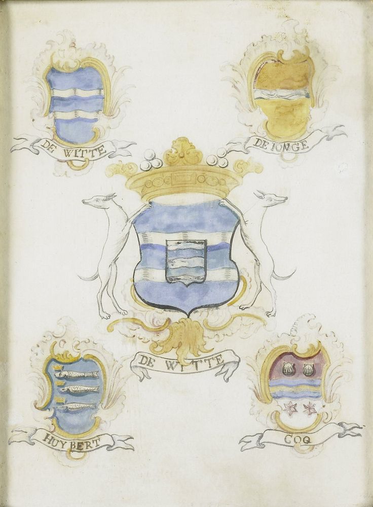 Het wapen van Jacob de Witte, vader van Laurens Jacobsz de Witte, met de wapens van zijn vier grootouders (1750 - 1799) by…