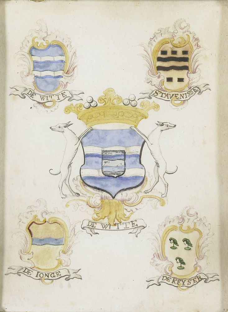 Het wapen van Laurens Jacobsz de Witte, vader van Anna Jacoba de Witte, met de wapens van zijn vier grootouders (1750 -…