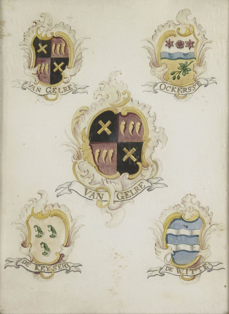 Het wapen van Anna Digna van Gelre, echtgenote van Laurens Jacobsz de Witte, met de wapens van haar vier grootouders (1750 -…