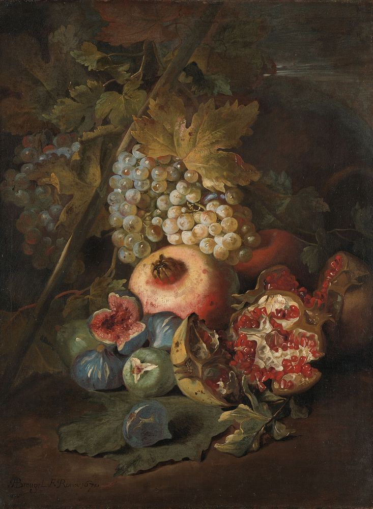 Bunches of Grapes, Pomegranates and Figs in a Landscape (1670) by Abraham Brueghel