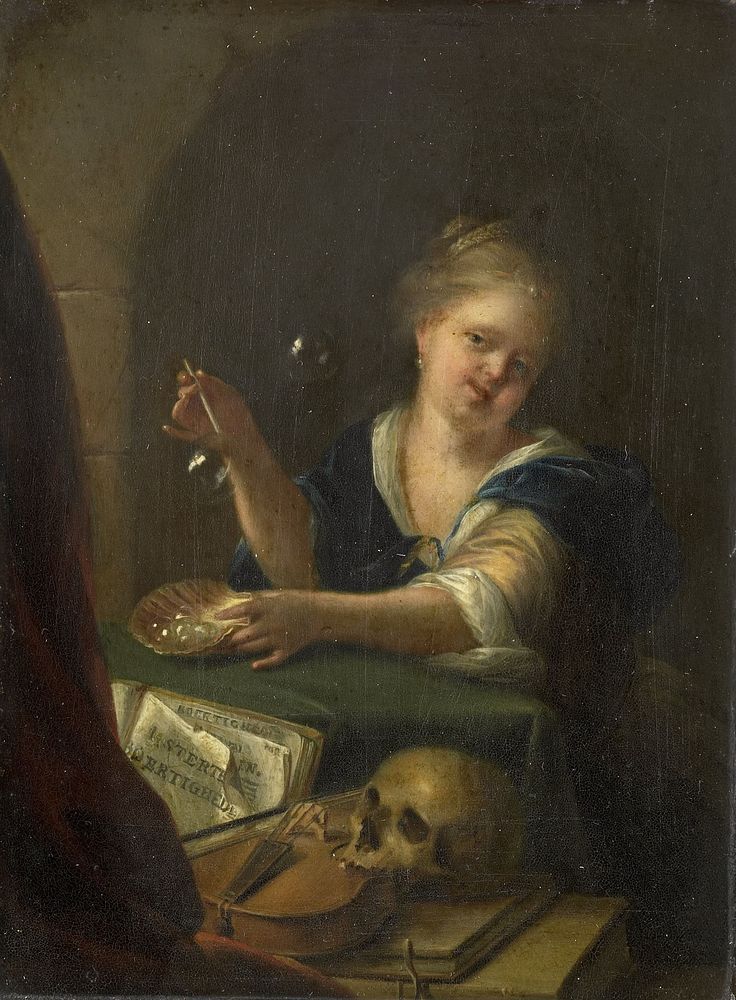 Bubble-blowing Girl with a Vanitas Still Life (1680 - 1775) by Adriaen van der Werff