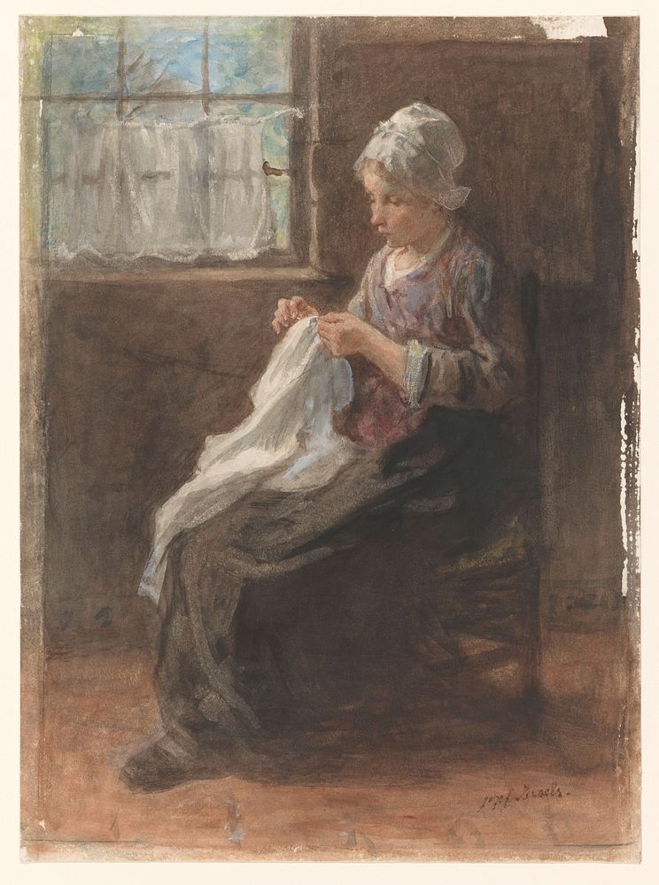 Het naaistertje (c. 1880) by Jozef Israëls