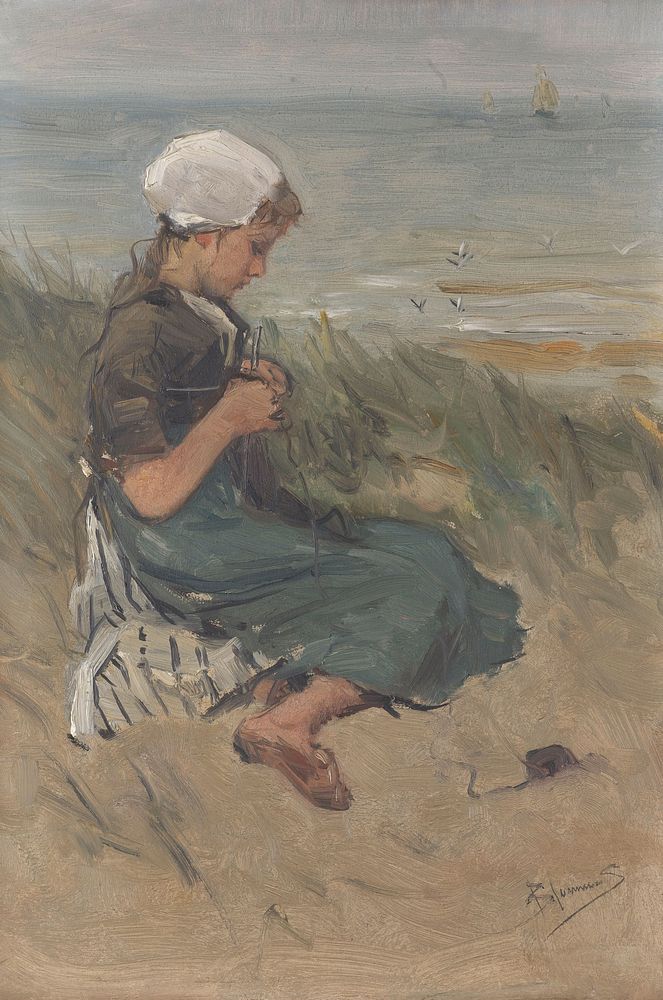 Girl Knitting in the Dunes (c. 1870 - c. 1900) by Bernardus Johannes Blommers