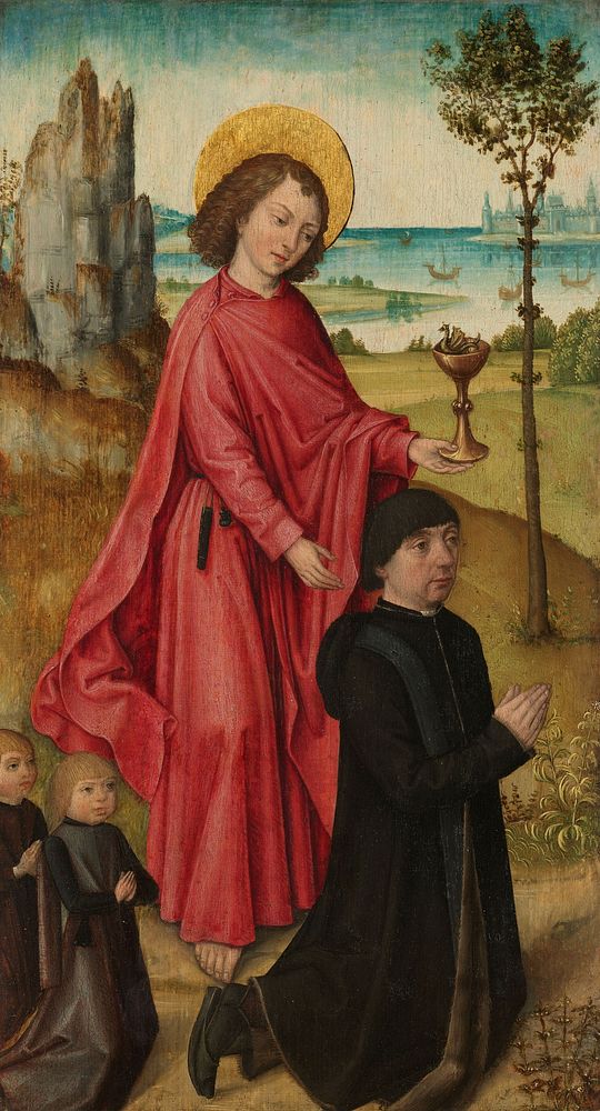 A Donor and his two Sons with Saint John the Evangelist, inner left wing of a triptych (c. 1480 - c. 1485) by The Bruges…