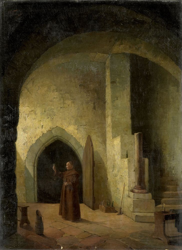Een monnik met een glas in de hand in een kelder (1800 - 1900) by F Taupel