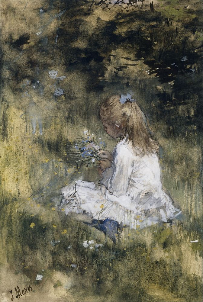 A Girl with Flowers on the Grass (1878) by Jacob Maris