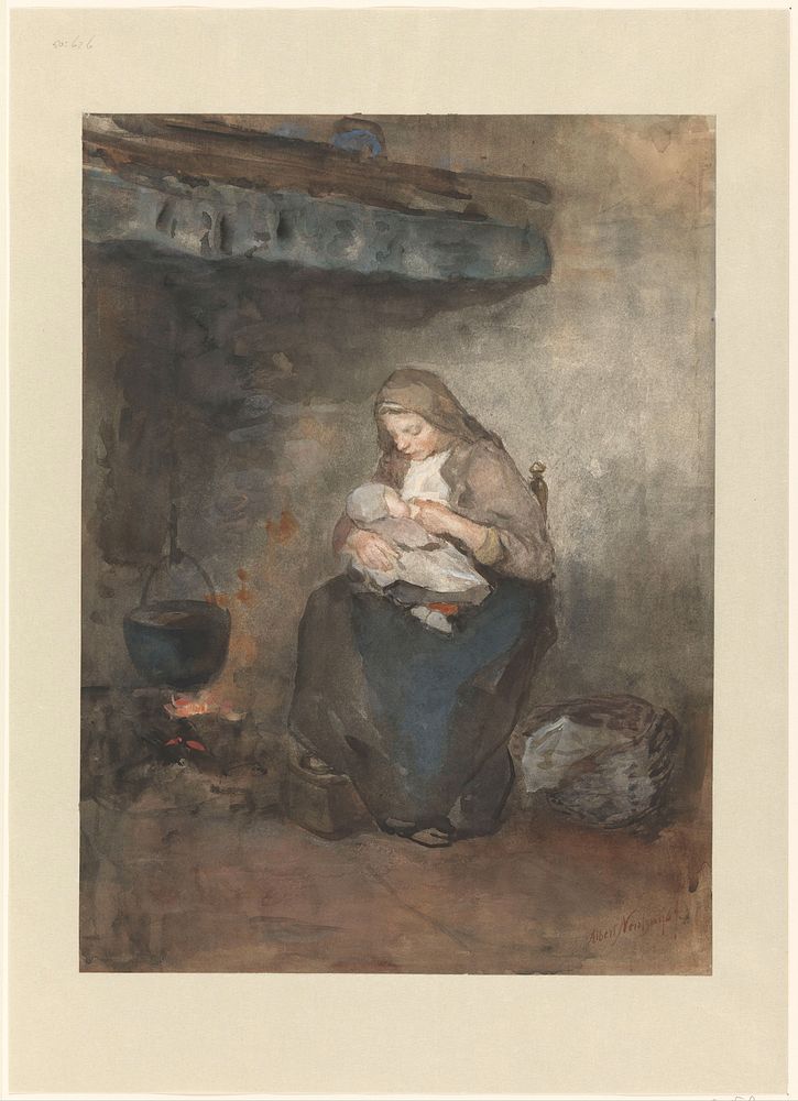 Moeder zoogt haar kind bij de haard (1854 - 1914) by Albert Neuhuys 1844 1914