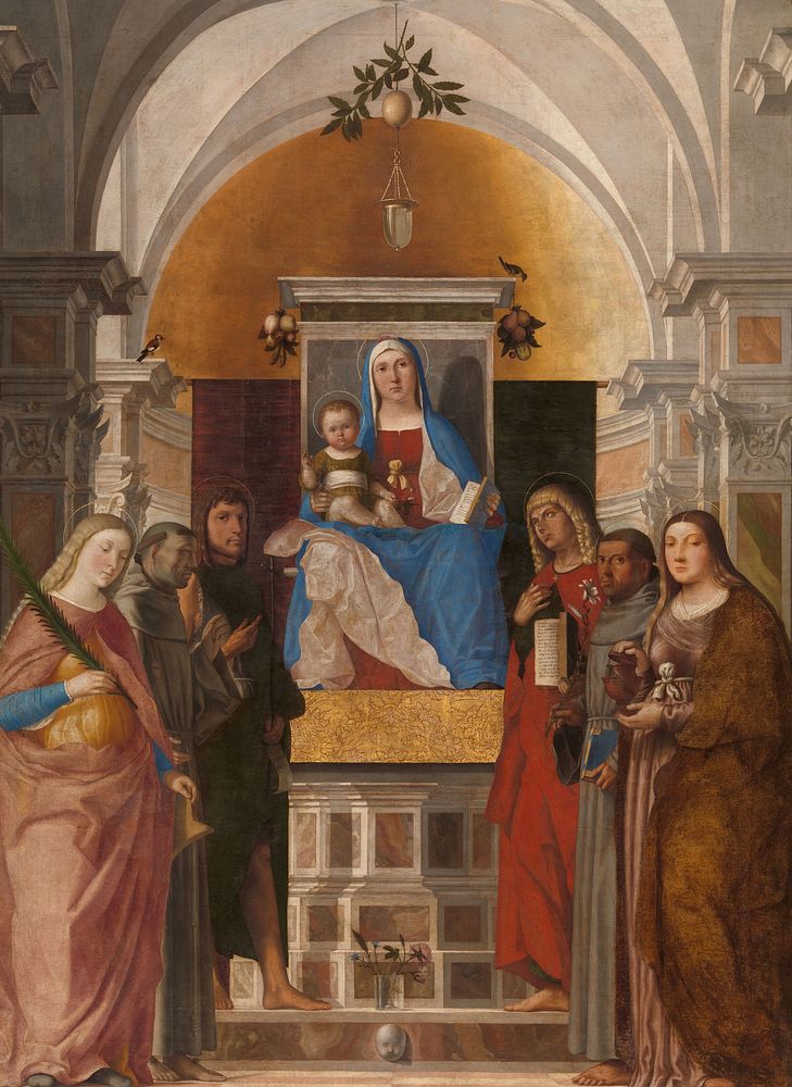 Madonna and Child with Sts Catherine, Francis of Assisi, John the Baptist, John the Evangelist, Antony of Padua and Mary…