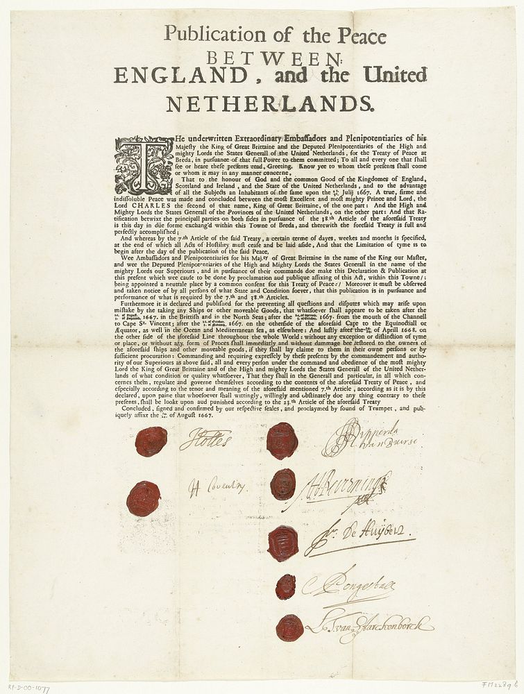 Publicatie van de ratificatie van de Vrede te Breda, 1667 (1667) by anonymous