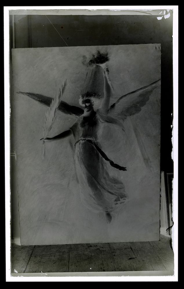 Fotoreproductie van een schilderij van een engel met brandende fakkel en lauwertak (c. 1865 - c. 1900) by Laurens Lodewijk…