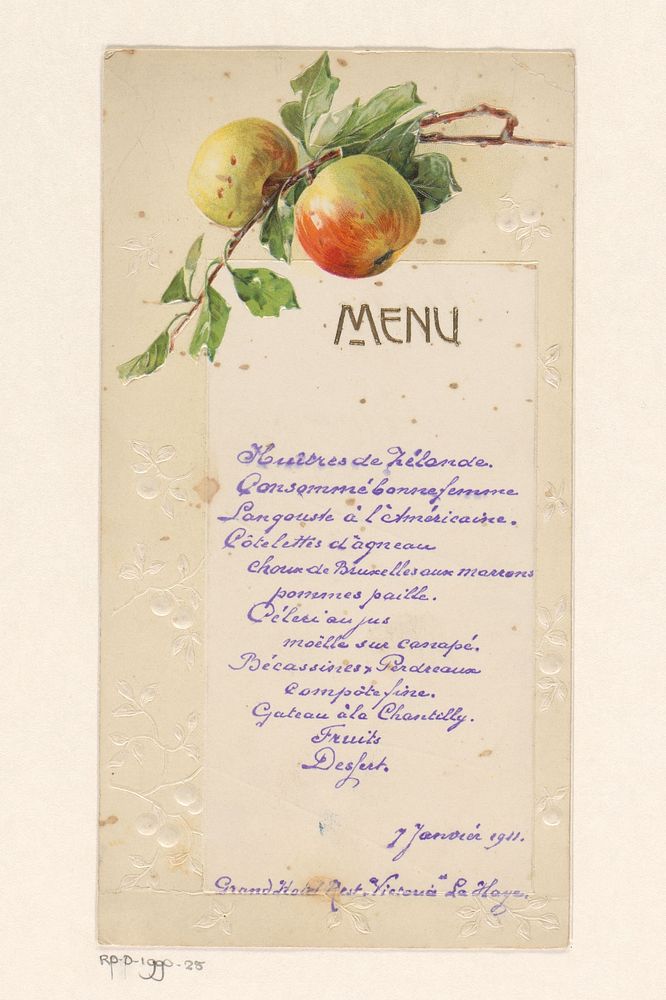 Menukaart voor een diner op 7 januari 1911 in Grand Hotel Restaurant 'Victoria' (before 1911) by anonymous
