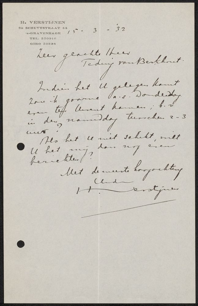 Brief aan jonkheer Hendrik Teding van Berkhout (1879-1969) (1932) by Henri Verstijnen