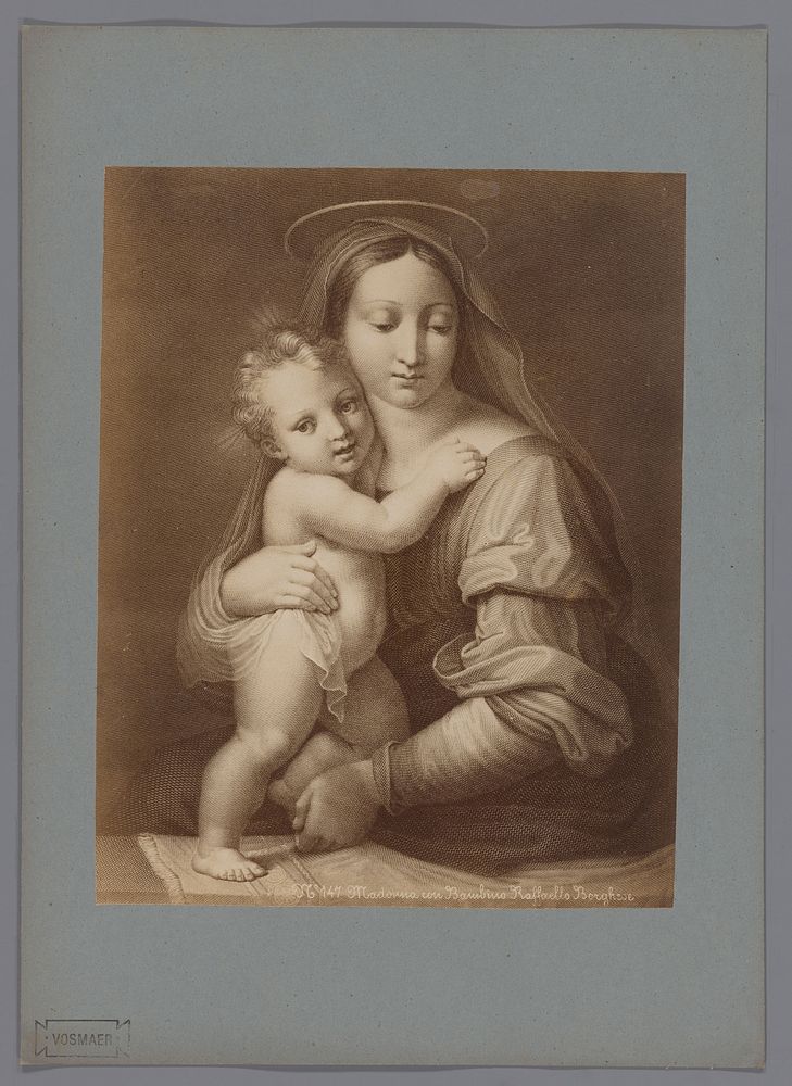 Fotoreproductie van een gravure naar het schilderij Madonna met kind door Rafaël, in de collectie van de Galleria Borghese…