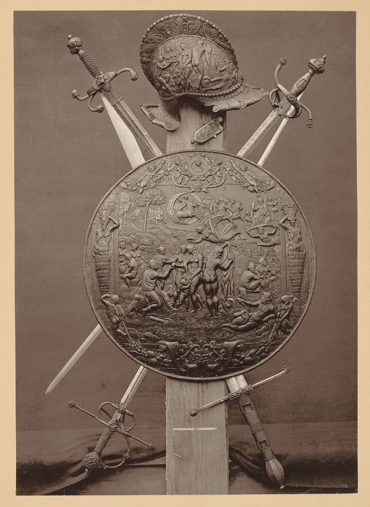 Wapenrusting, bestaande uit helm, zwaarden en een schild met een mythologische voorstelling van Paris (1869 - 1887) by…