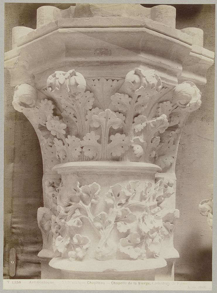 Kapiteel met bladmotief, kathedraal van Reims (1860 - 1900) by Adolphe Giraudon