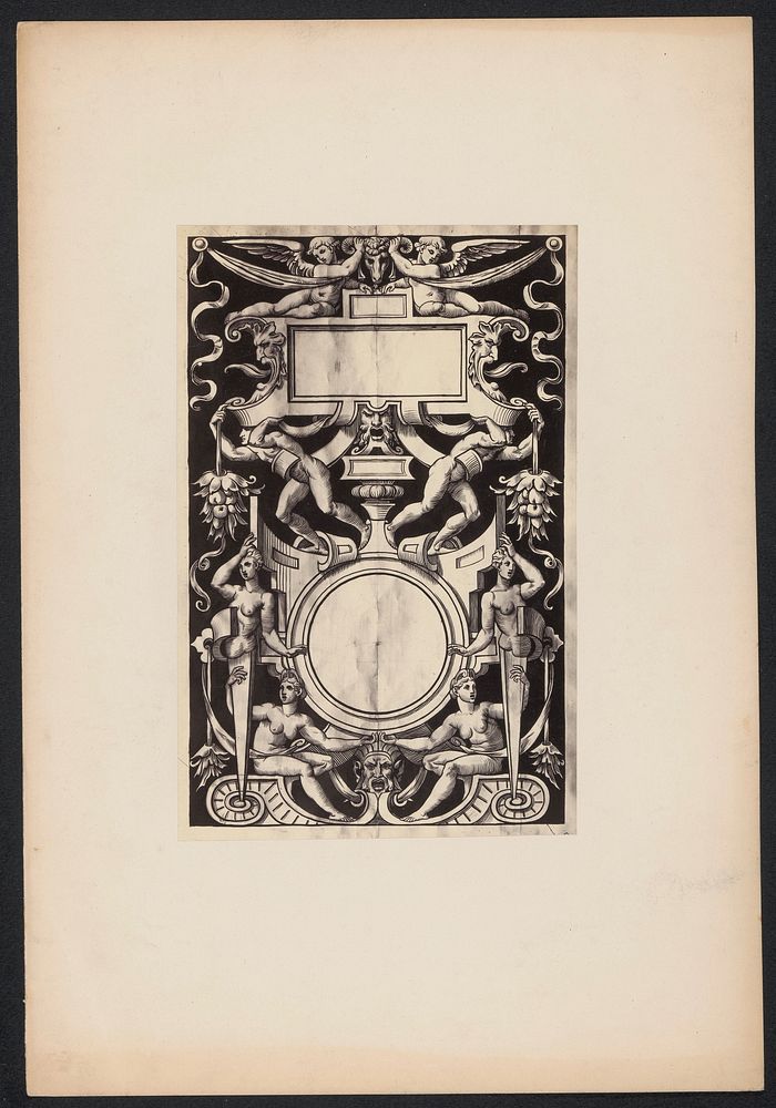 Ornamentprent met gevluegelde figuren en een ramskop (c. 1875 - c. 1900) by anonymous