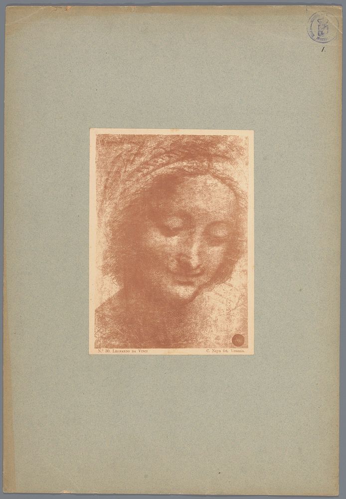 Fotoreproductie van een schets door Leonardo da Vinci, voorstellende het hoofd van de heilige Anna (c. 1875 - c. 1900) by…