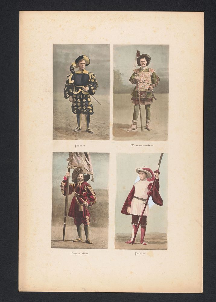 Vier afbeeldingen van mannen in kostuum, afgebeeld twee trawanten, een wild zwijn jager en een vaandeldrager (c. 1876 - in…