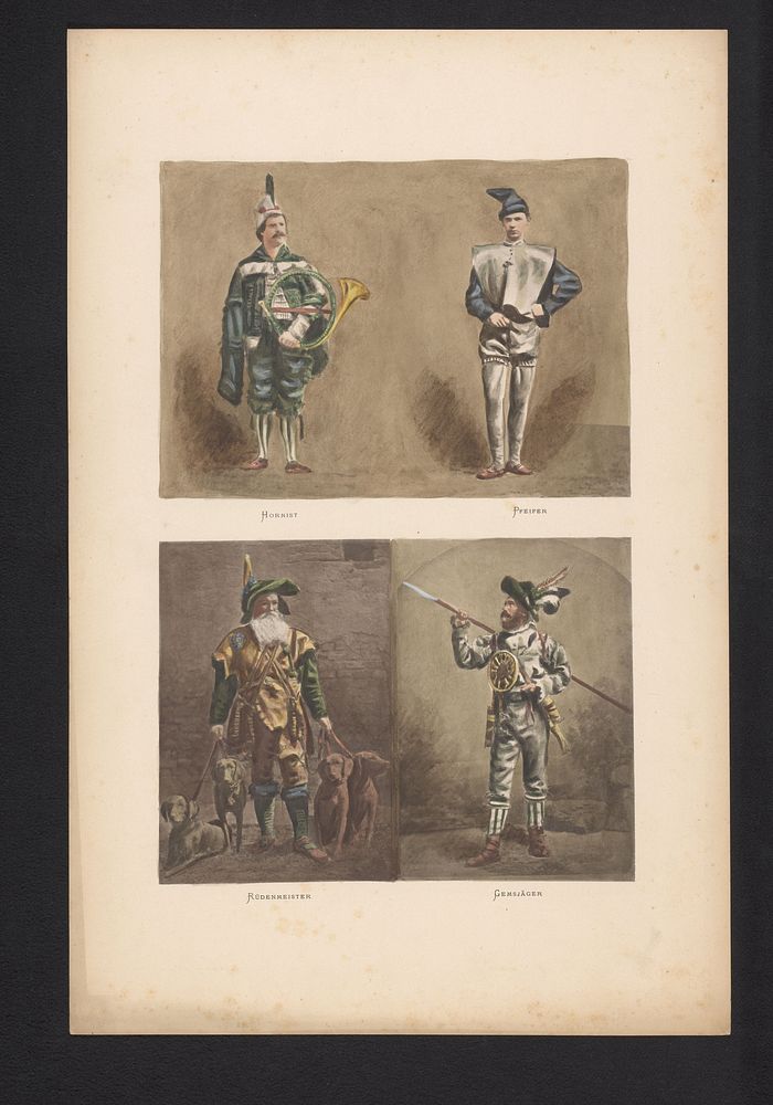 Vier afbeeldingen van mannen in kostuum, afgebeeld een hoornist, een doedelzakspeler, een man met honden en een gemzen jager…